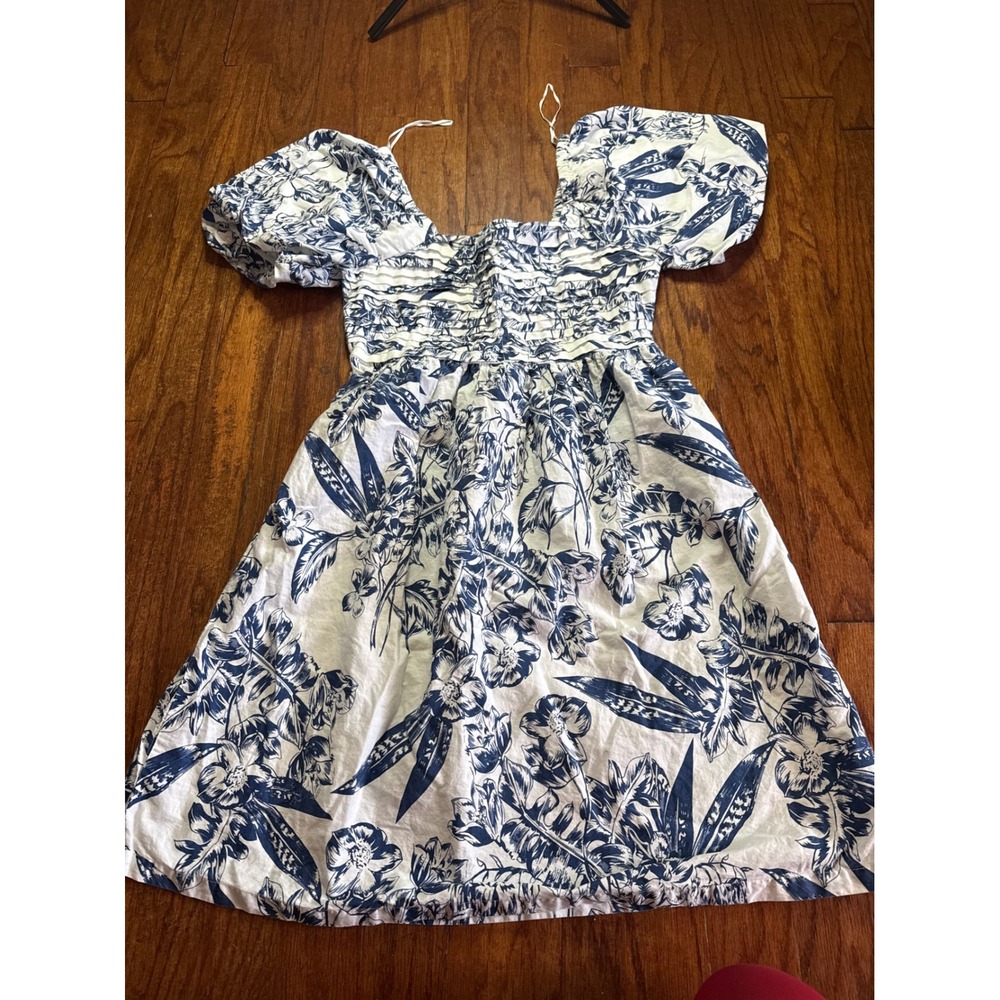 Kings Road Womens XL Blue White Floral Cotton Smocked Puff Sleeve Mini Dress